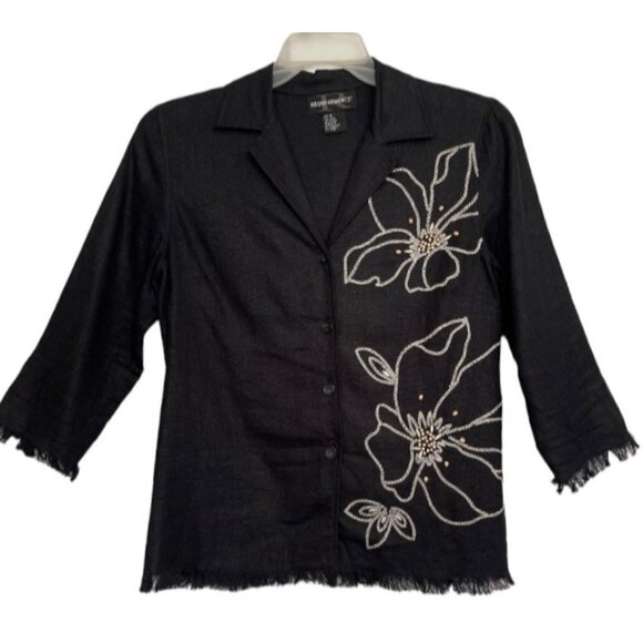 REQUIREMENTS Women's Linen Blend Black Beaded Button Blouse Medium Embroidery‎ - Picture 1 of 13